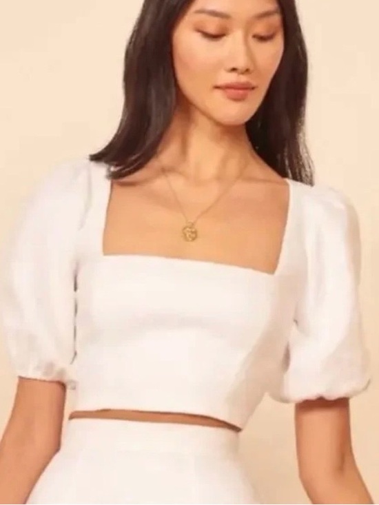 Reformation Tops - Reformation Yucca Crop Top White Linen Puff Sleeve Square Neck Smocked Sz 0